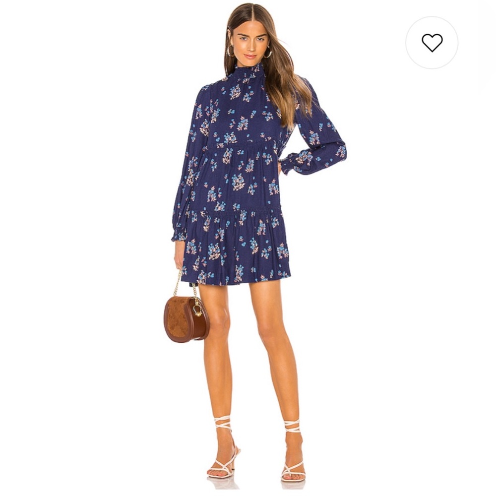 Free People Petit Fours Mini Dress in Indigo Blue long sleeve floral  size small